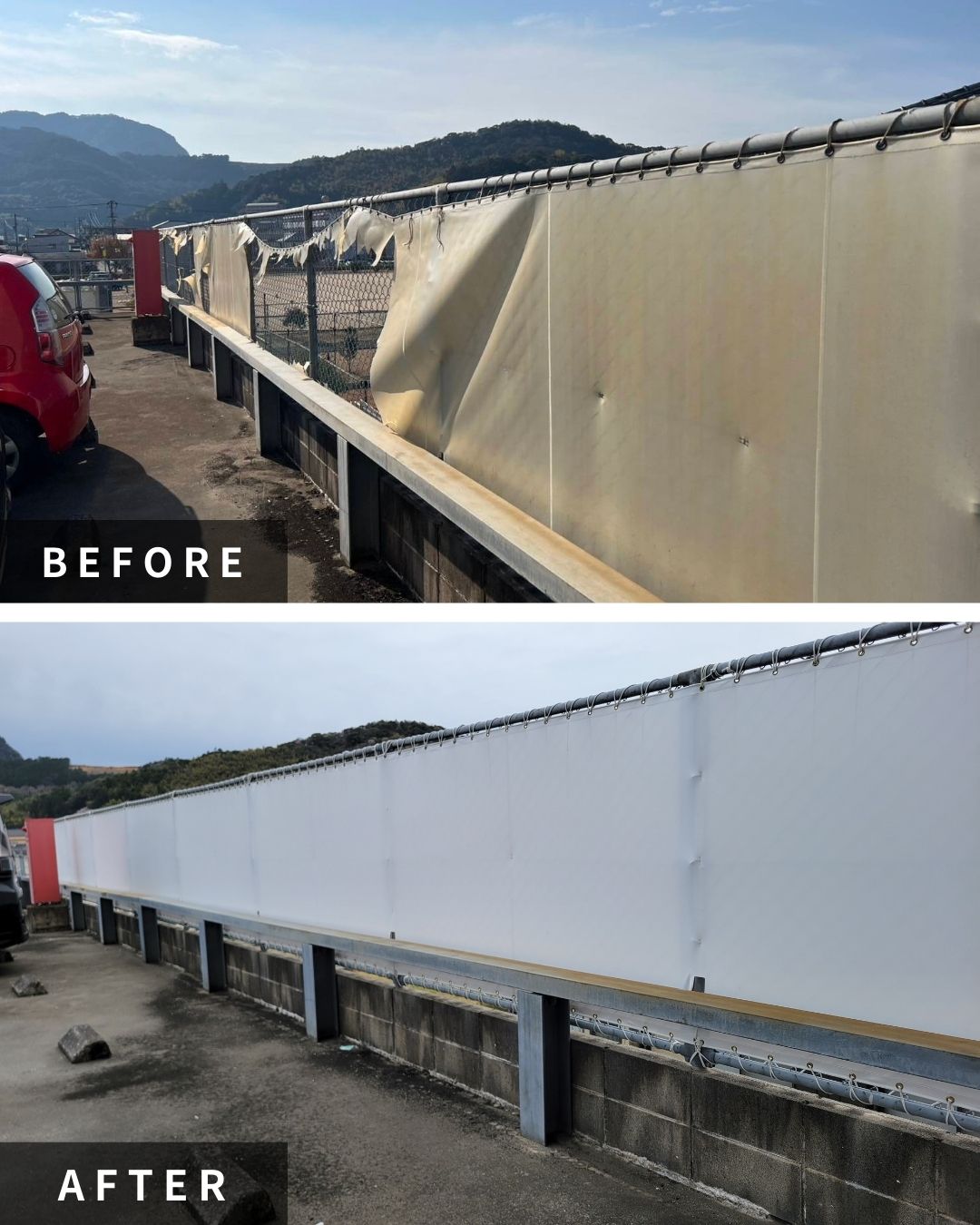 屋上駐車場フェンス面テント張替工事